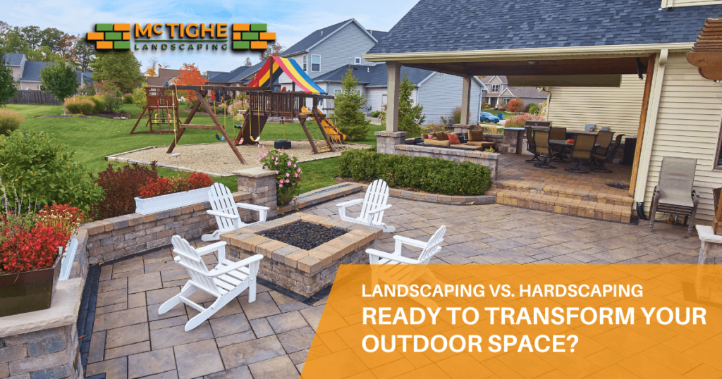 A transformed backyard, featuring a balanced mix of lush landscaping and functional hardscaping elements, paver patio with firepit, a backyard children’s play area demonstrating the potential of professional design.