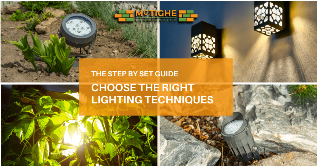 Lighting techniques, a split-screen image showing four common lighting techniques side by side: Uplighting, Downlighting, Path Lighting, and Accent Lighting.