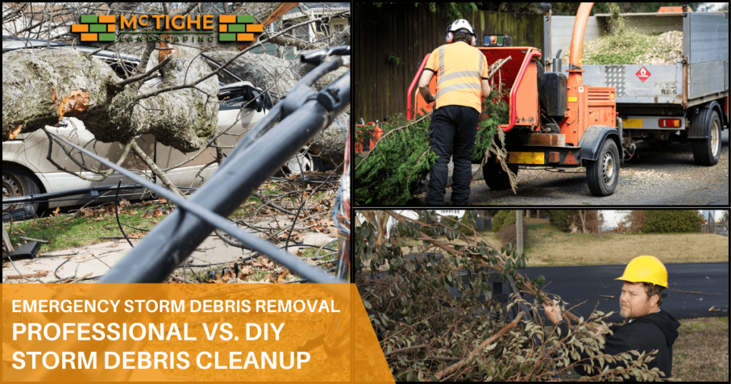 Professional team removing large storm debris from property